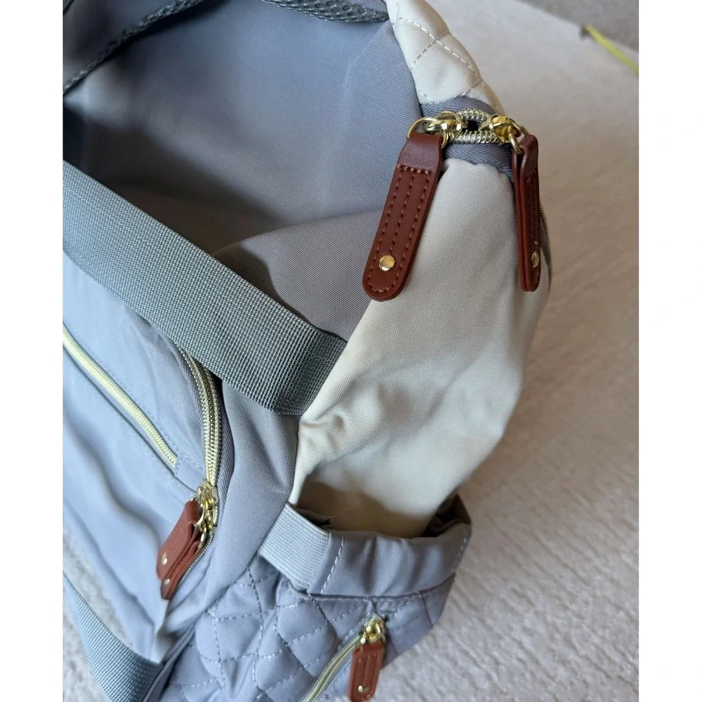 Lovevook Diaper Bag‎ Backpack Grey Cream Quilted Multi-Pocket Travel Bag